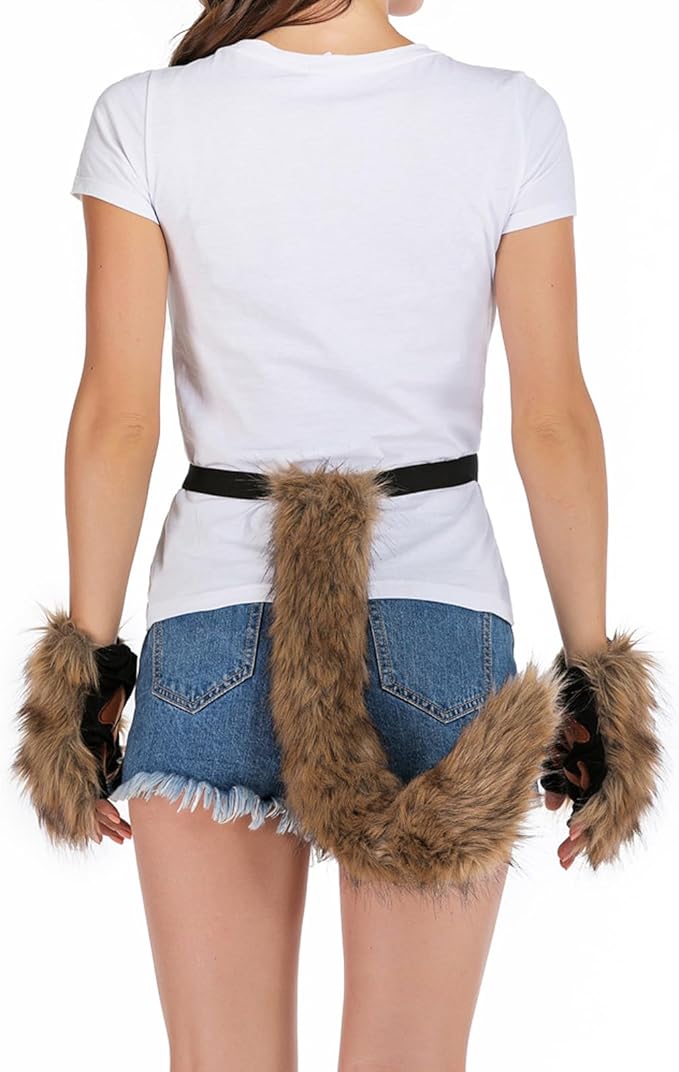 HAOAN Furry Fox Mask Wolf Fox Tail and Paw Gloves Set Adult Cat Halloween Mask Cosplay Animal Party Costume