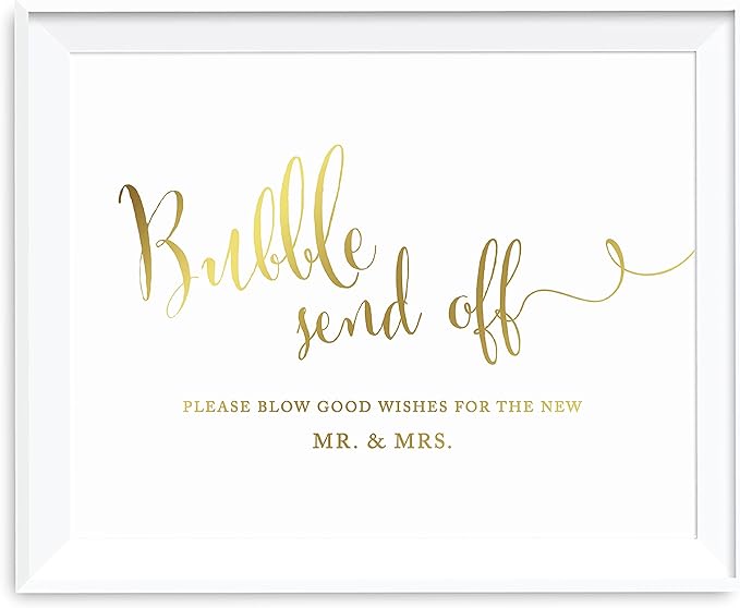 Andaz Press Wedding Party Signs, Metallic Gold Ink Print, 8.5x11-inch, Bubble Send Off Please Blow Good Wishes for the New Mr. & Mrs. Sign, 1-Pack, Unframed