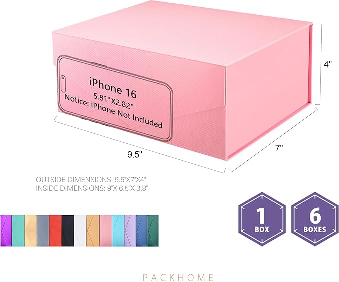 PACKHOME Gift Box 9x6.5x3.8 Inches, Rectangle Collapsible Box with Magnetic Lid for Gift Packaging (Matte Pink, Grain Texture)