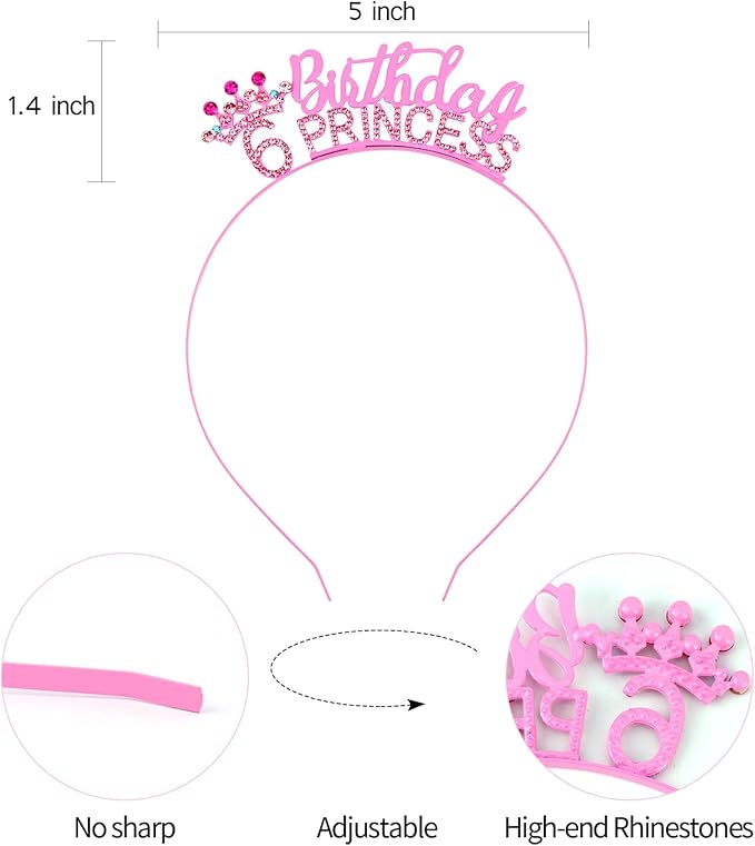 VELSCRUN 2nd 3rd 4-9th Birthday Princess Headband Pink Tiara Crown for Girls It's My Birthday Sash Party Decorations Gifts