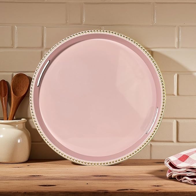 Pink Decorative Tray for Coffee Table, Round Beaded Plastic Serving Tray forKitchen Counter, Ottoman, Living Room,(13")