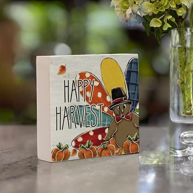 Fall Theme Sign Retro Farmhouse Fall Artwork Decor Autumn Harvest Thanksgiving Wooden Sign, Rustic Wood Maples Decorations for Indoor Outdoor Home Office Supplies (Happy Harvest)