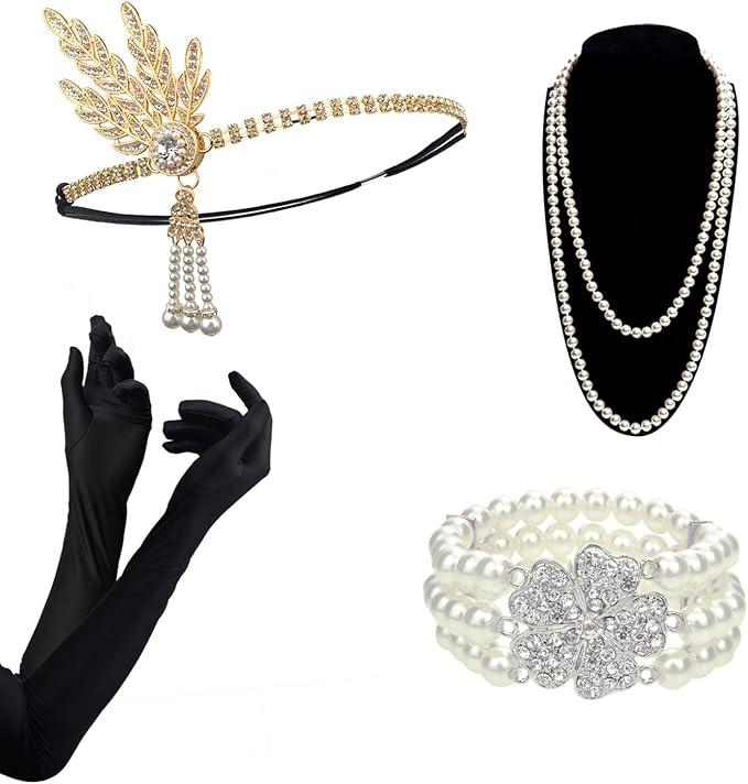 DRESHOW 1920s Great Gatsby Accessories for Women Flapper Headpiece Headband Gloves Costume Harlem Nights Accessories Set
