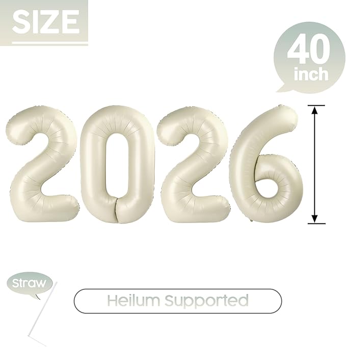 2026 Balloon - 2 Pack Cream Birthday Number Balloons, 40 Inch Large Foil Balloons for Men Women Boys Girls Cream Themed Birthday Decorations,Number 2026 Balloon
