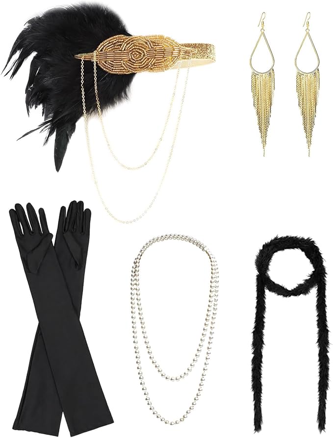 DRESHOW 1920s Great Gatsby Accessories for Women Flapper Headpiece Headband Gloves Costume Harlem Nights Accessories Set