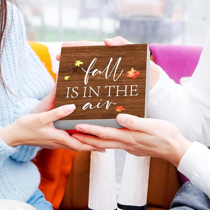 Funny Autumn Wood Box Sign Fall is in the Air Wooden Block Desk Decor for Home Office Kitchen Cubicle Table Shelf Tabletop,Farmhouse Fall Sign Decor