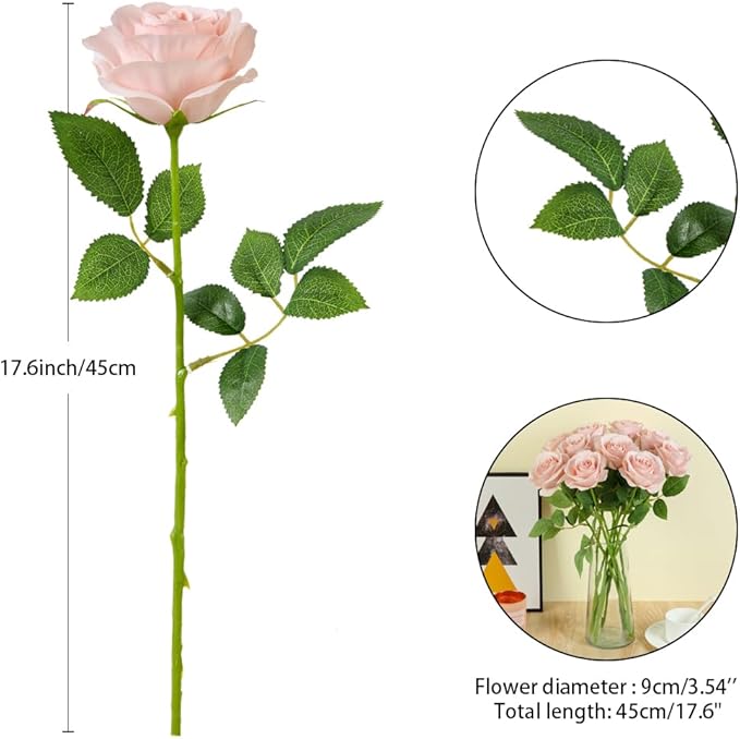 12pcs Blush Roses Artificial Flowers Fake Roses Silk Flowers Roses with Long Stems for Wedding Home Party Centerpieces Decorations