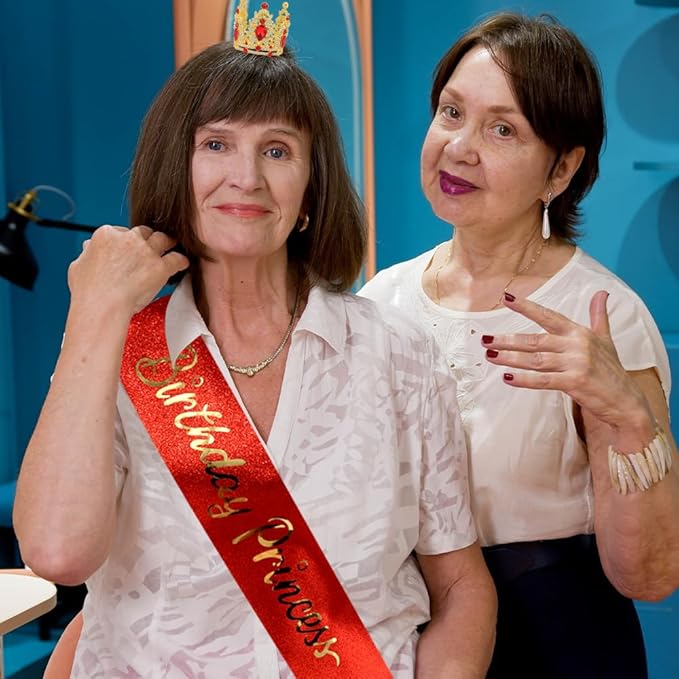 Birthday Princess Sash for Women Tiara & Crowns Headbands for Girls Happy Birthday Party Accessories Favor Supllies Leona Gold Red Pink, 2 Pack