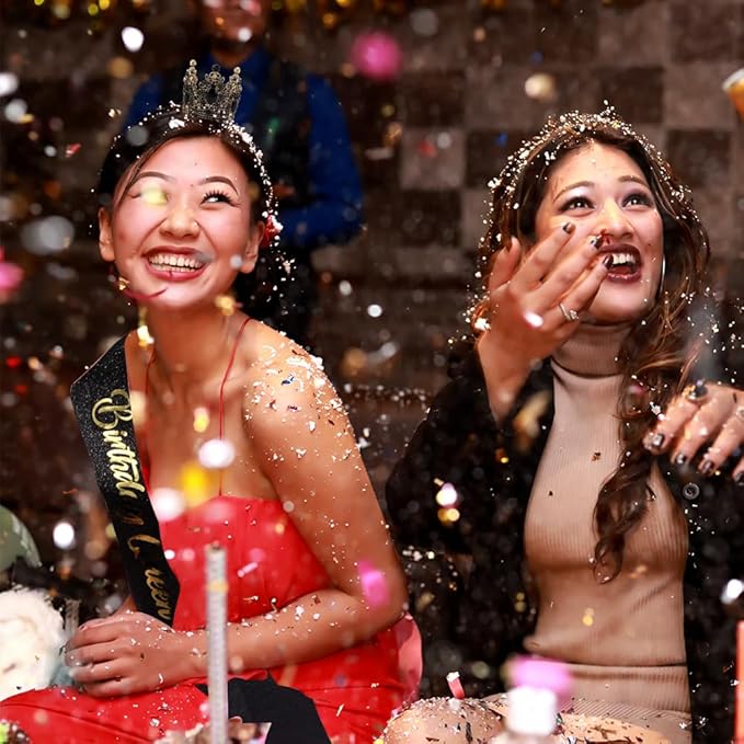 Birthday Queen Sash for Women Tiara & Crowns Headbands for Girls Happy Birthday Party Accessories Favor Supllies Leona Gold Black Pink, 2 Pack