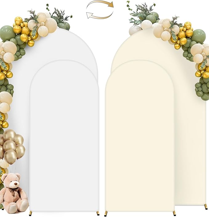 Hemmotop Double Color Wedding Arch Backdrop Cover, Set of 2 (7.2ft, 6ft), 2 Sided Stretchy Spandex Fitted Balloon Arch Stand Backdrop for Birthday Party, Baby Shower, White and Light Beige