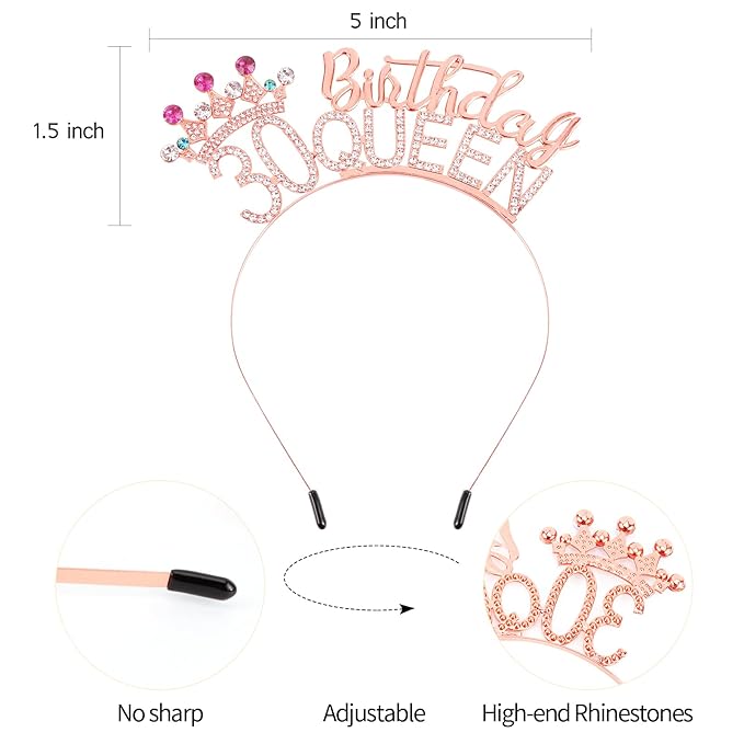 VELSCRUN 30th Birthday Queen Headband, Tiara Crown for Women, 30th Birthday Decorations for Her, Birth Queen Tiaras Crowns Sash for Women Mom Birth Party Decoration Hair Accessories Rose Gold