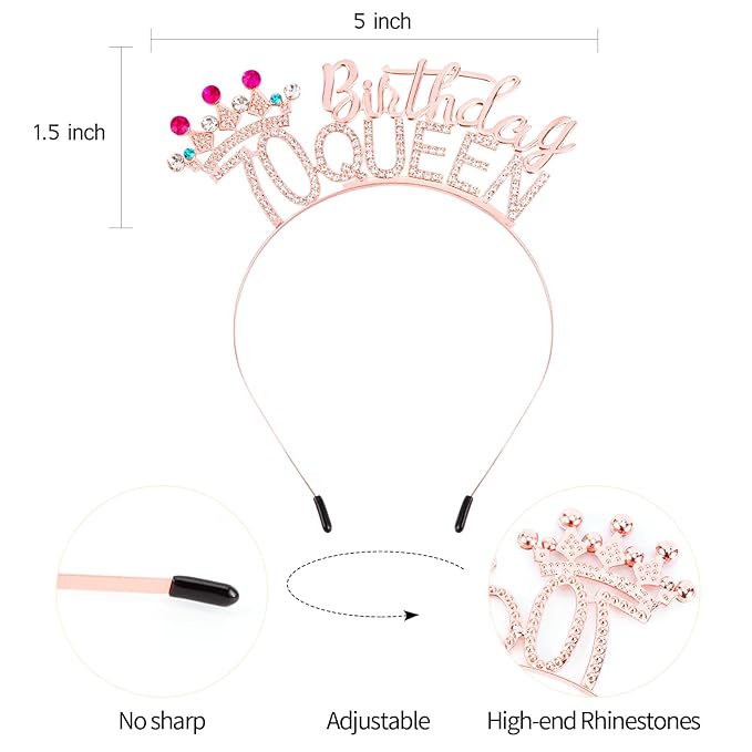 VELSCRUN 70th Birthday Queen Headband, Tiara Crown for Women, 70th Birthday Decorations for Her, Birth Queen Tiaras Crowns Sash for Women Mom Birth Party Decoration Hair Accessories Rose Gold