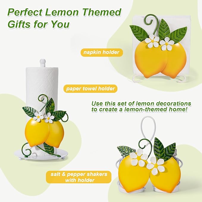 Lemon Napkin Holder for Table - Tissue Holder for Spring Home Decor, Vintage Home Yellow Kitchen Counter Decor and Accessories, Lemon Housewarming Gifts for Women, 3D Handmade Pattern, Metal