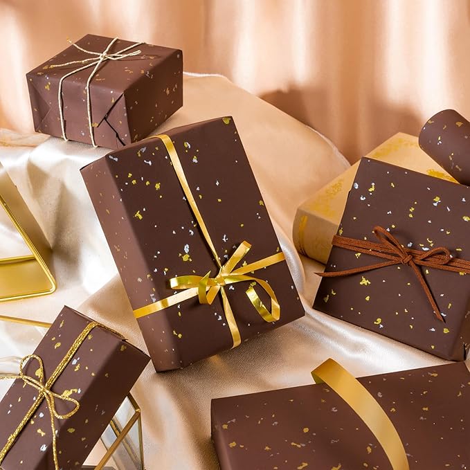 WRAPAHOLIC Chocolate Brown Wrapping Paper Roll - Mini Roll - 17 Inch x 16.5 Feet - Chocolate Brown Gold Design with Silky Touch Perfect for Birthday, Holiday, Wedding, Baby Shower