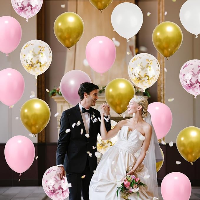 Pink Gold Balloons Set, 12 Inch Pink White Latex Balloons Pink Confetti Helium Balloons Pink and Metallic Gold Party Balloons for Bridal Baby Shower Wedding Girl Women Birthday Decorations