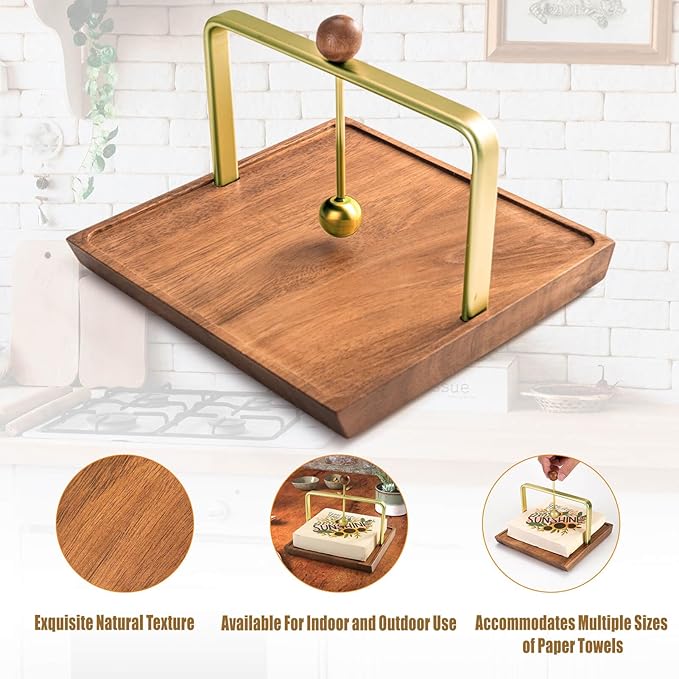 Wood Napkin Holder for Table, Square Tabletop Napkin Dispenser with Sophisticatedly Metal Center Bar, Cocktail Napkin Holder for Home, Kitchen, Office, Restaurant, Hotel, Cafe, Bar