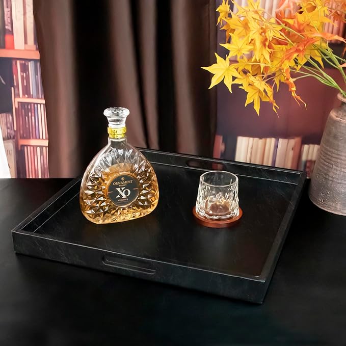 35 * 35 inches Leather Rectangle Serving Tray with Hole Handles,High-End Light Large Service Tray for Ottoman Tray, Tea, Food, Butler - Countertop, Kitchen,Family Dinner, Picnic (Black)