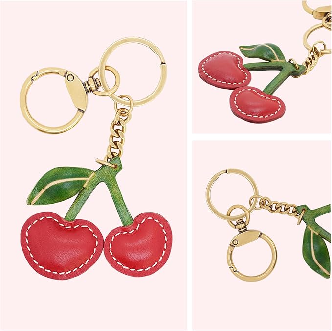 Handmade Genuine Leather Cherry Keychain - Cute Red Fruit Keyring for Women Girls, Fashion Bag Purse Charm Accessory Gift(Unisex Gift)
