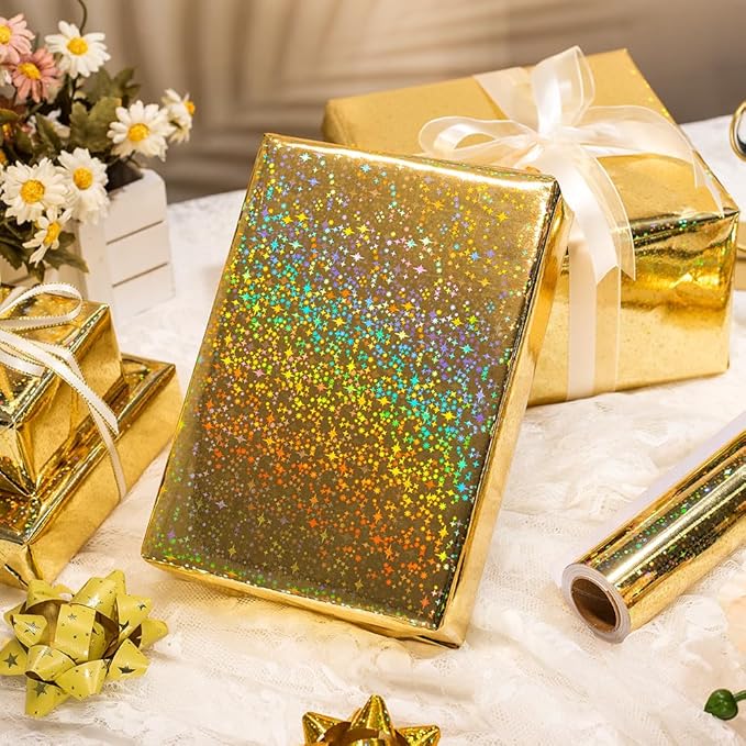 Yarcony Gold Wrapping Paper Roll, Holographic Space Wrapping Paper - 17 Inch x 33 Feet - Shiny Iridescent Galaxy Design Thick Gold Gift Wrap Paper for Birthday, Wedding, Christmas,Baby Shower
