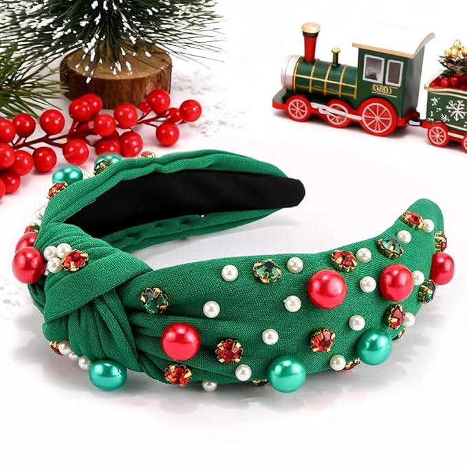 TODDER Green Christmas Knotted Headband, Santa Embellished Pearl Rhinestone Crystal Headband for Women and Girls Christmas Hair Accessories Costumes and Gifts for Themed Parties and Holiday