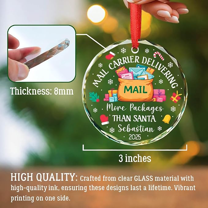 Personalized Mailman Ornaments Christmas 2025, Mail Carrier Delivering More Packages Than Santa Glass Ornament, Xmas Tree Decoration for Mailman Postal Worker & Driver, Custom Name & Year Ornaments