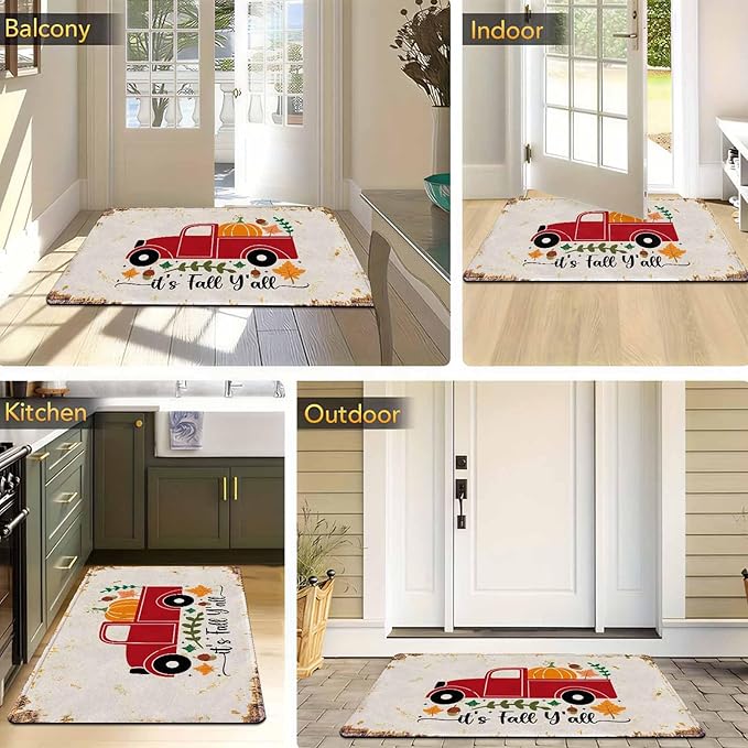 Fall Door Mat, Pumpkin Truck Welcome Mats Outdoor Autumn Doormats for Front Door Decorations Autumn Harvest Vintage Thanksiving, 24"x16"inch