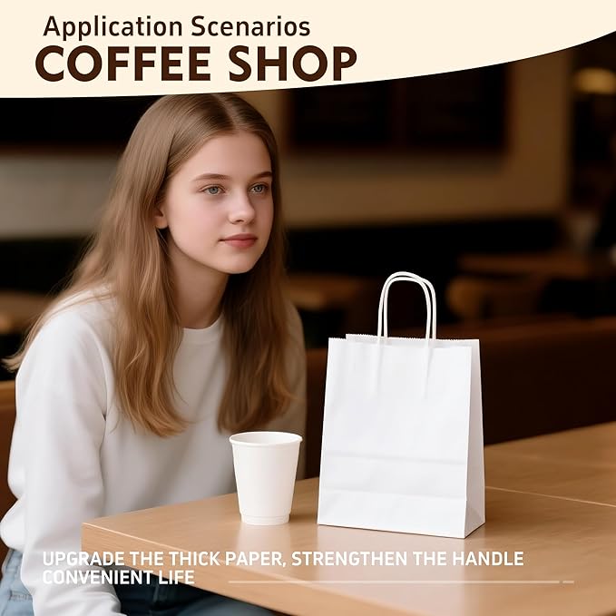 YEEHAW Medium Gift Bag, 50Pcs White Kraft Paper Bags with Handles, Eco-Friendly, Bulk Pack, 8''x4.5''x10.8'', Ideal for Wedding, Birthday, Party Favors, Holiday Gifts, Retail Bags