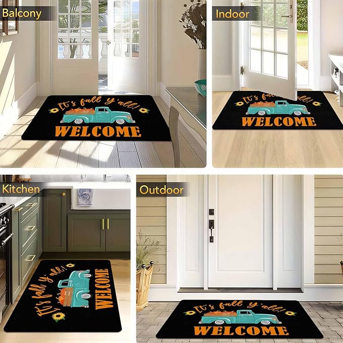InterestPrint Fall Welcome Door Mat, Fall Truck Harvest Pumpkin Doormat for Front Door Outdoor Outside Entrance Porch Non Slip Rubber Rug Autumn Halloween Thanksgiving Farmhouse Decor