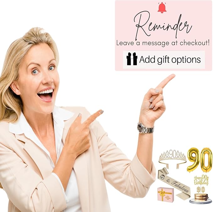 90th Birthday Decorations for Women Gold with 90th Birthday Sash and Tiara, Cake Topper and Candles, Number Balloons, 90 Year Old Gifts for Women