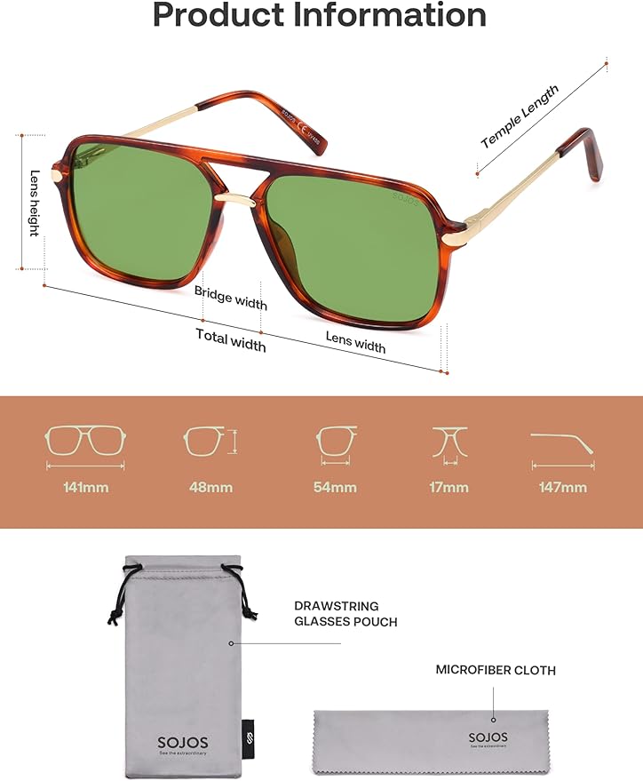 SOJOS Sunglasses for Women & Men, Square, Retro, Polarized Lens, Trendy Aviator, 90s Shades