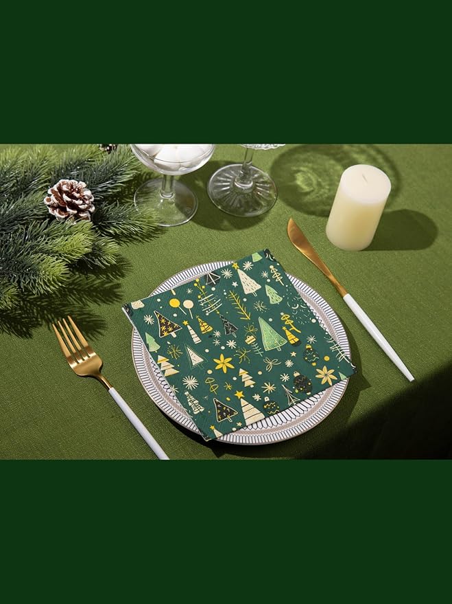 Premium Designer Paper Napkins, 3-Ply 6.5 x 6.5-inches Fold Disposable Decorative Winter Guest Christmas Holly Green Festive New Year Tree Party Lunch Dinner Napkin (50, Festive Green)