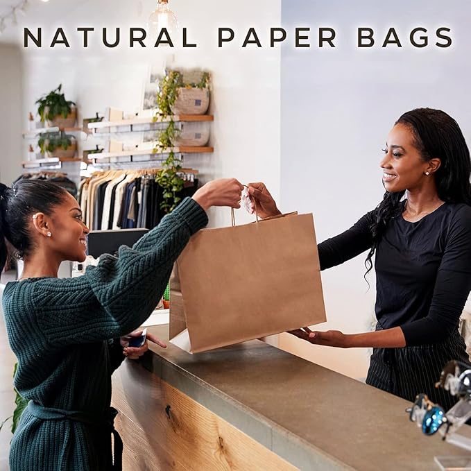 FACEBAG 100Pcs Brown Paper Bags with Handles Bulk, 16x6x12 Inches,Large-sized Kraft Paper Shopping Bags&Gift Bags for Party Favors,Grocery Shopping & Retail,Reusable & Durable
