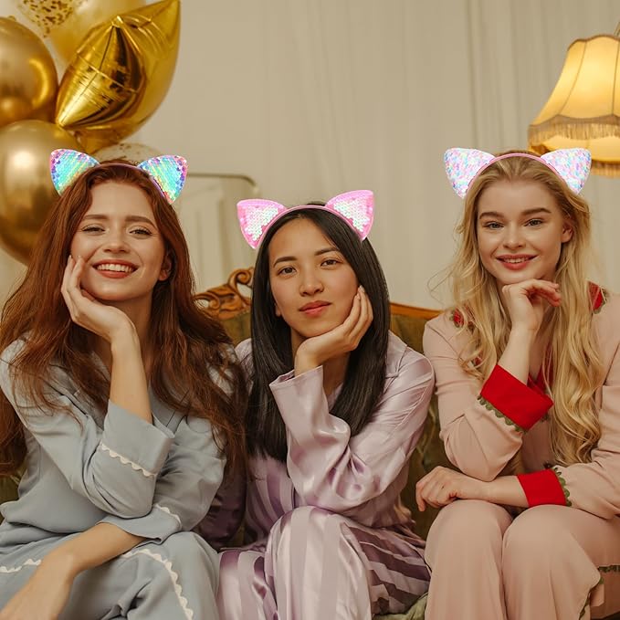 3Pcs Sequin Cat Ear Headbands, Shiny Cat Hairwear Cute Kitty Hair Accessories Hair Band Party Decoration Cosplay for Girls Women