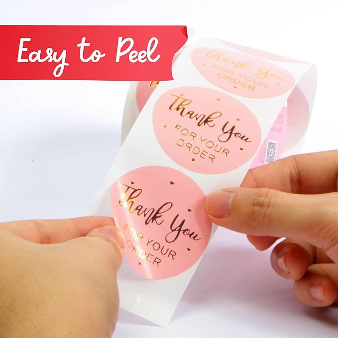 XFasten Pink Thank You Stickers Roll for Small Business, 500 2-inch Round Thank You Sticker Tags, Microwave-Safe Thank You Sticker Label Bulk for Packaging, Shipping, Shopping Bags and Envelopes