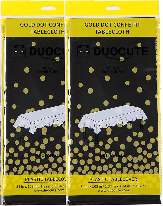 Black and Gold Disposable Tablecloth for Party Gold Dot Rectangular Plastic Table Cover, for Graduation, Birthday, Retirement, New Year Eve 2026, Anniversary, Holiday Decorations, 108"x54", 2 Packs