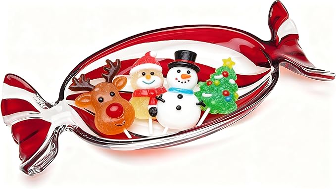 Christmas Candy Shaped Glass Dish Platter Oval Serving Tray Red Transparent Festive Dish for Xmas Holiday Party Cookies Fruit Peppermint Dessert Snack Charcuterie Decorative Gift, Large