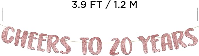 Cheers to 20 Years Rose Gold Glitter Banner - 20th Anniversary and Birthday Party Decorations