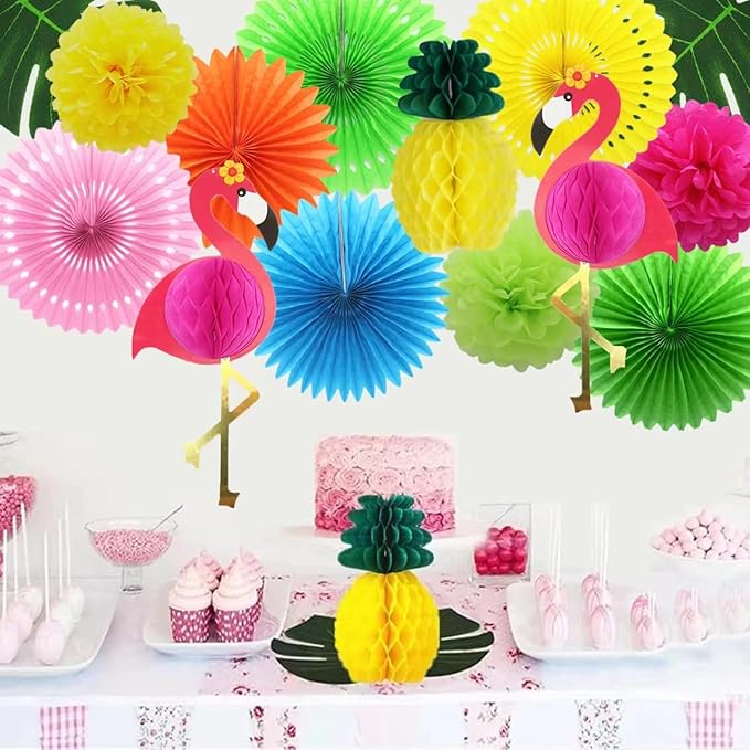 Flamingo Party Honeycomb Decoration, Hanging Paper Fan, Palm Leaf , Pineapple Paper lanternFiesta Party Supplies, Tissue Paper Flowers for Hawaiian Beach Luau Party Birthday Wedding Photo Backdrop