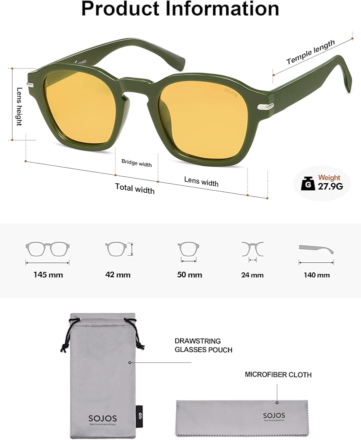 SOJOS Vintage Retro Square Polarized Sunglasses Men Standard Fit Trendy Womens Sun Glasses SJ2382