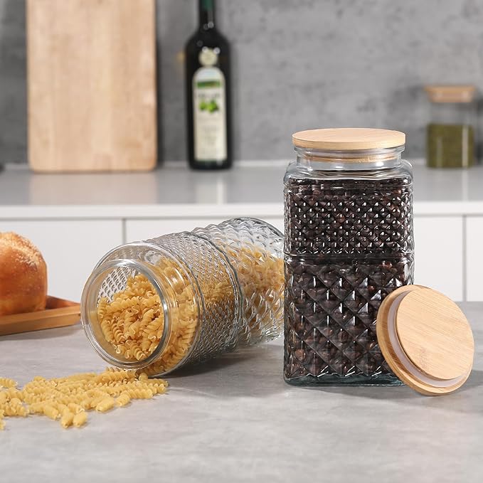90 OZ Cookie Jars, 2600ml Glass Jars with Airtight Lids, Vintage Decorative Glass Storage Containers with Bamboo Lids for Coffee Candy Sugar, Candy Jar Coffee Canister 90oz.Square&Square
