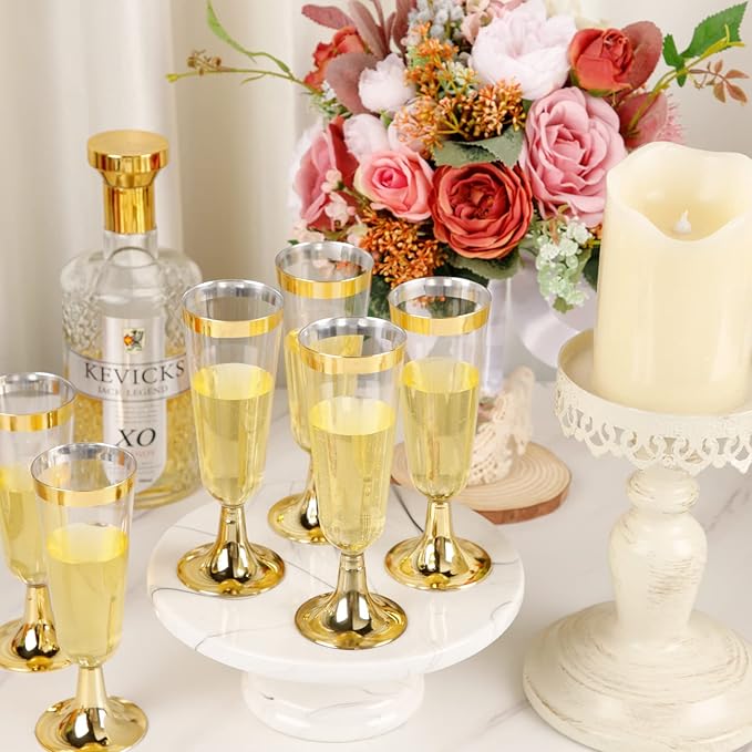 I00000 Gold Champagne Flutes 50 PACK, 5 Oz Disposable Champagne Glasses, 2-Piece Plastic Toasting Glasses for Celebration, Wedding or Parties
