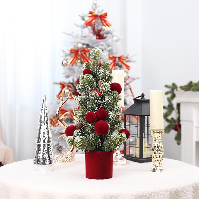 SY Super Bang Small Christmas Tree, 18Inch Burgundy Artificial Velvet Ball Berry Mini Tabletop Tree Christmas Decorations, for Home Party Thankgivings Xmas Indoor Decor.
