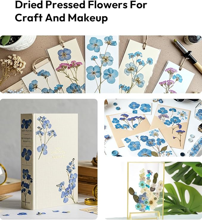 Dried Flowers, Resiners 100Pcs Pressed Flowers for Craft Blue Real Natural Dried Flowers Dry Leaves Kit for DIY Making Crafts Resin Soap Candle Scrapbook Supplies Card Making Jewelry