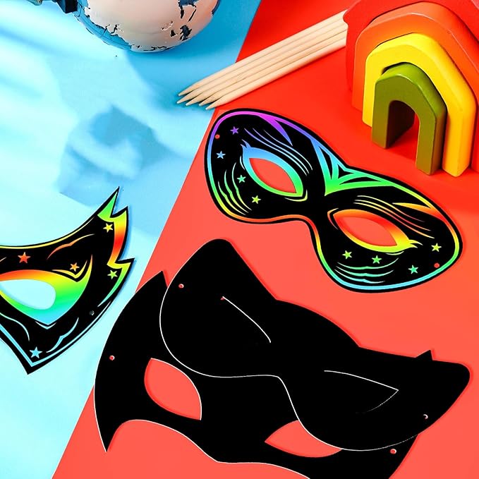 Deekin Mardi Gras Scratch Masks for Kids, Mardi Gras Crafts Rainbow Hero DIY Masks Craft Kit for Dress up Party Favor
