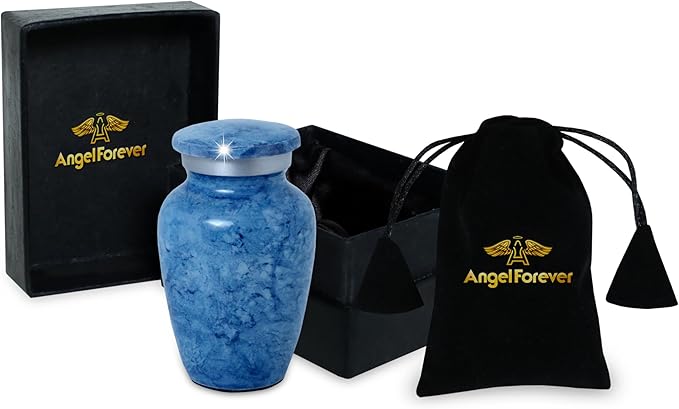 Small Keepsake Urn for Human or Pet Ashes – Handcrafted Light Blue Marble Mini Urn with Velvet Bag & Gift Box | Durable Metal Memorial Token Jar for Baby, Infant, Pet or Loved One – 3 Cu in