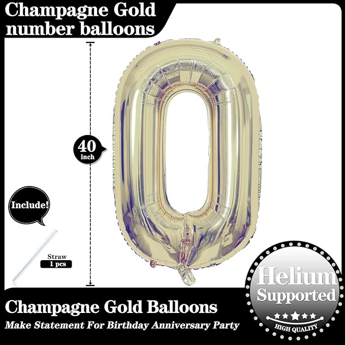 Champagne Gold 0 Number Balloons, 40 Inch Giant Number 0 Balloons Foil Mylar Helium Light Gold Number Balloons for 10th Birthday Party Supplies Anniversary Event Celebration Decorations