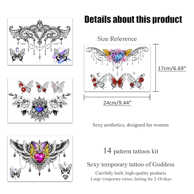ROARHOWL Women Sexy Temporary Tattoo Sexy Tattoo Set Beautiful Exquisite 3D Realistic Flowers, Butterfly, Abdominate, Chest, Waist and Back Applied Fake Tattoo for Girls ((Design 1))