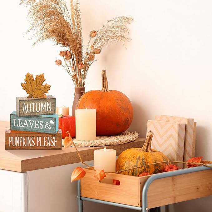 4 Pcs Thanksgiving Decorations for Home Fall Decor Wooden Maple Leaf Thanksgiving Table Centerpiece Fall Tiered Tray Rustic Wood Maple Leaf Block Sign Farmhouse for Home Kitchen Shelf