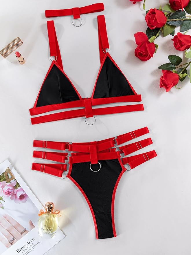 Lilosy Sexy Wireless Choker O Ring Linked Strappy Harness Lingerie Set Outfits 3 Piece