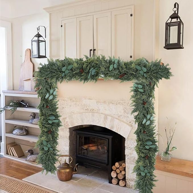 6FT Norfolk Pine Garland, Cedar Garlands with Eucalyptus,Artificial Pine Garland Christmas Decorations for Mantle Fireplace Outdoor Staircase